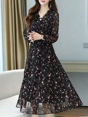 Elegant Ditsy Floral Midi Dress – V-Neck & Lantern Sleeves