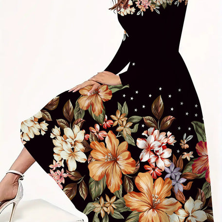 Floral Long Sleeve Fit & Flare Dress – Crew Neck & Stretch Fabric