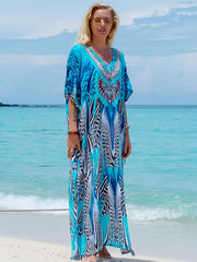 Bohemian Floral V-Neck Kaftan Dress – Loose Fit & Batwing Sleeves