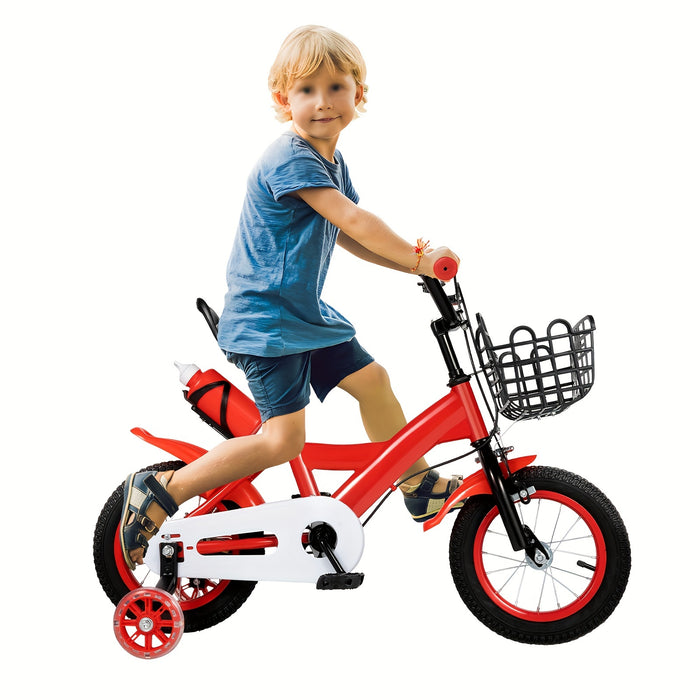 OUKANING 12-Inch Kids' Bicycle, Sturdy Red Bike with Dual Brakes & Training Wheels