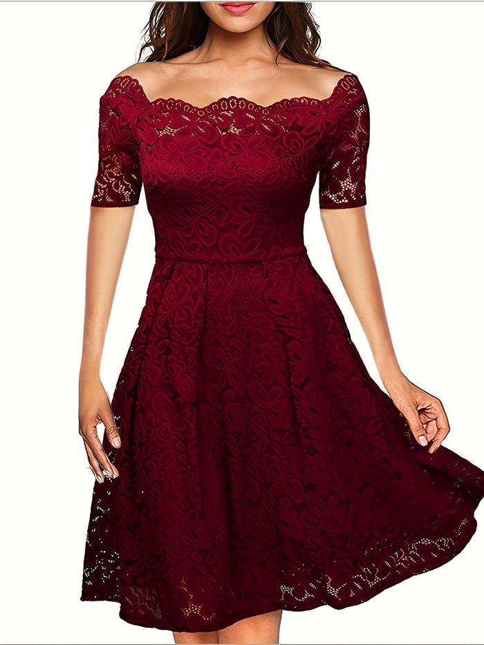 Elegant Off-Shoulder Lace Dress, A-Line & Short Sleeve, image 2