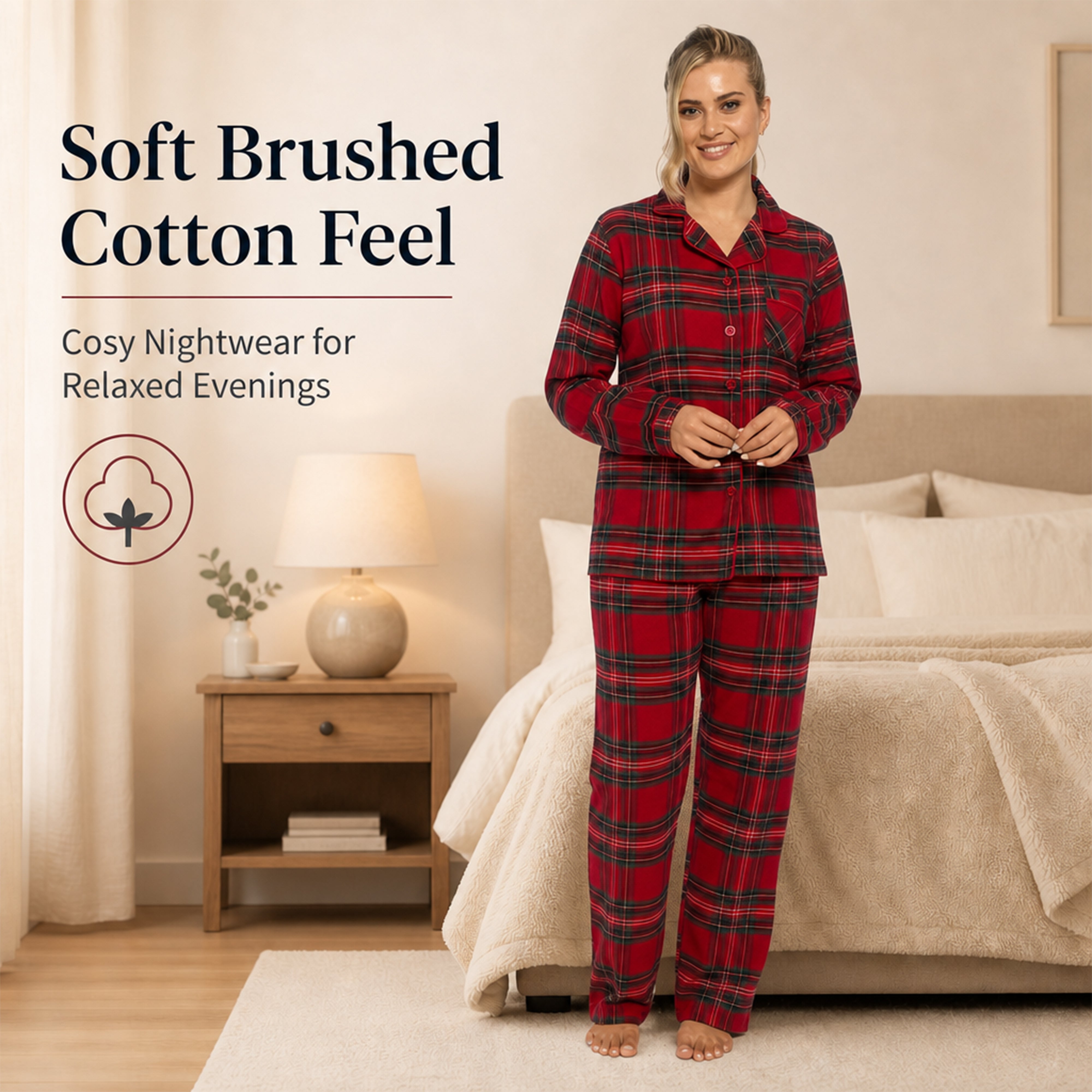 Women's Flannelette Check Pyjama Set Soft Brushed Cotton Easy Care