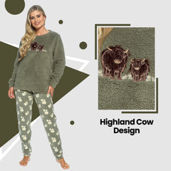 Women's Highland Cow Print Cotton Jersey Pyjama Set Long Sleeve Lounge Wear