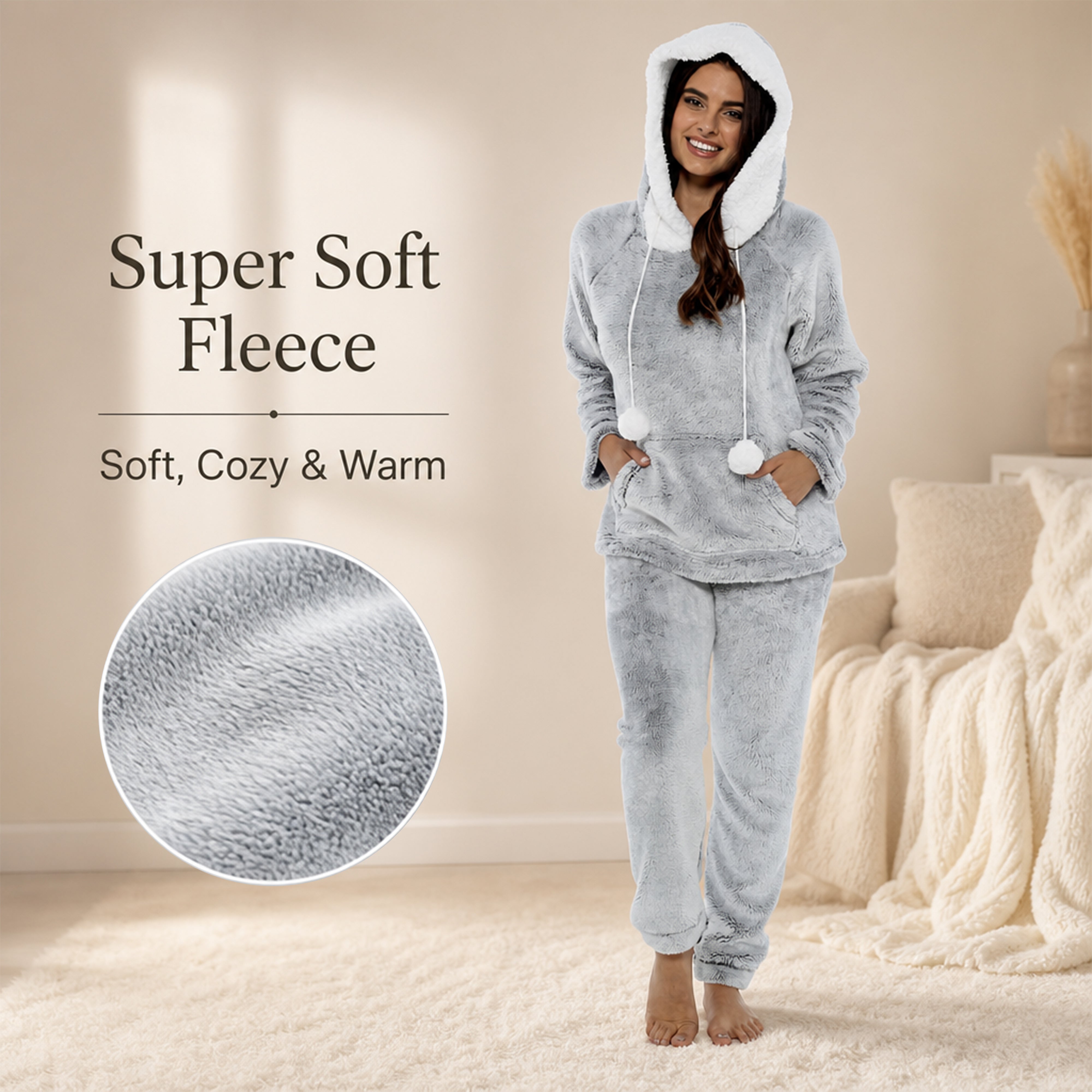 Women's Plush Fleece Hooded Pyjama Set in Shimmer Grey Cosy Winter