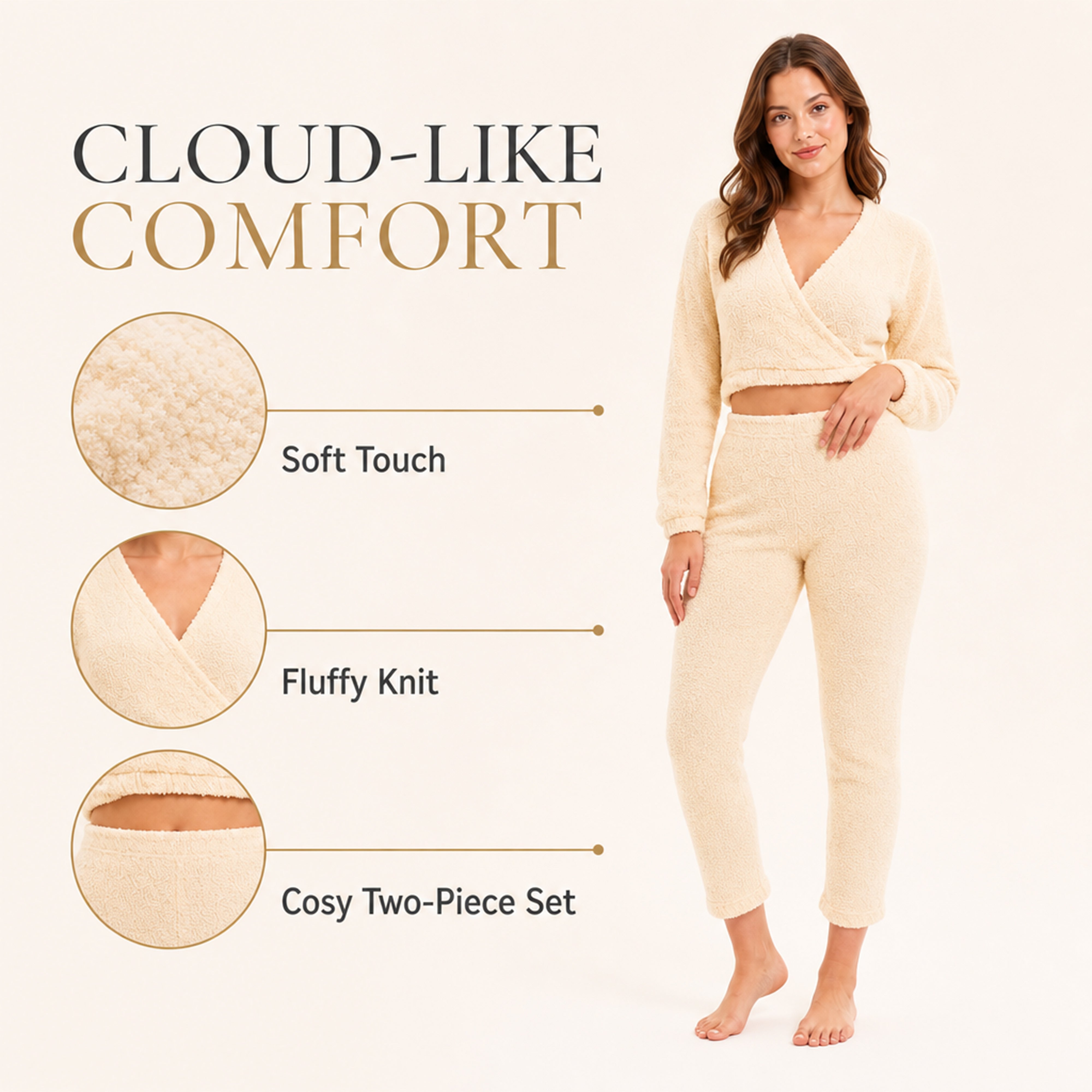 Women's Teddy Fleece Loungewear Set With Long Sleeve Wrap Top And Stretch