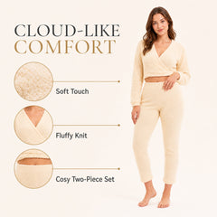 Women's Teddy Fleece Loungewear Set With Long Sleeve Wrap Top And Stretch