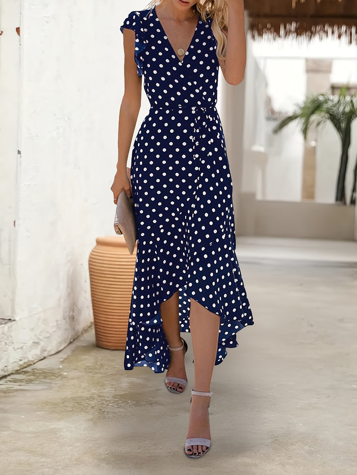 Elegant Polka Dot Ruffle Dress, V-Neck & Irregular Hem
