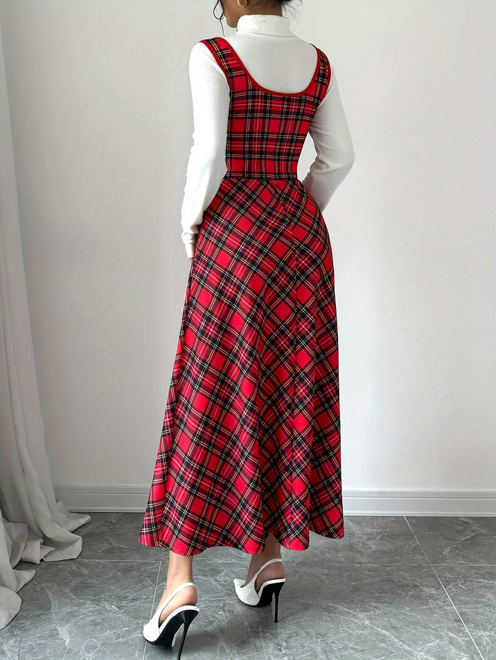 Elegant Tartan A-Line Dress, Sleeveless & Square Neck, image 2