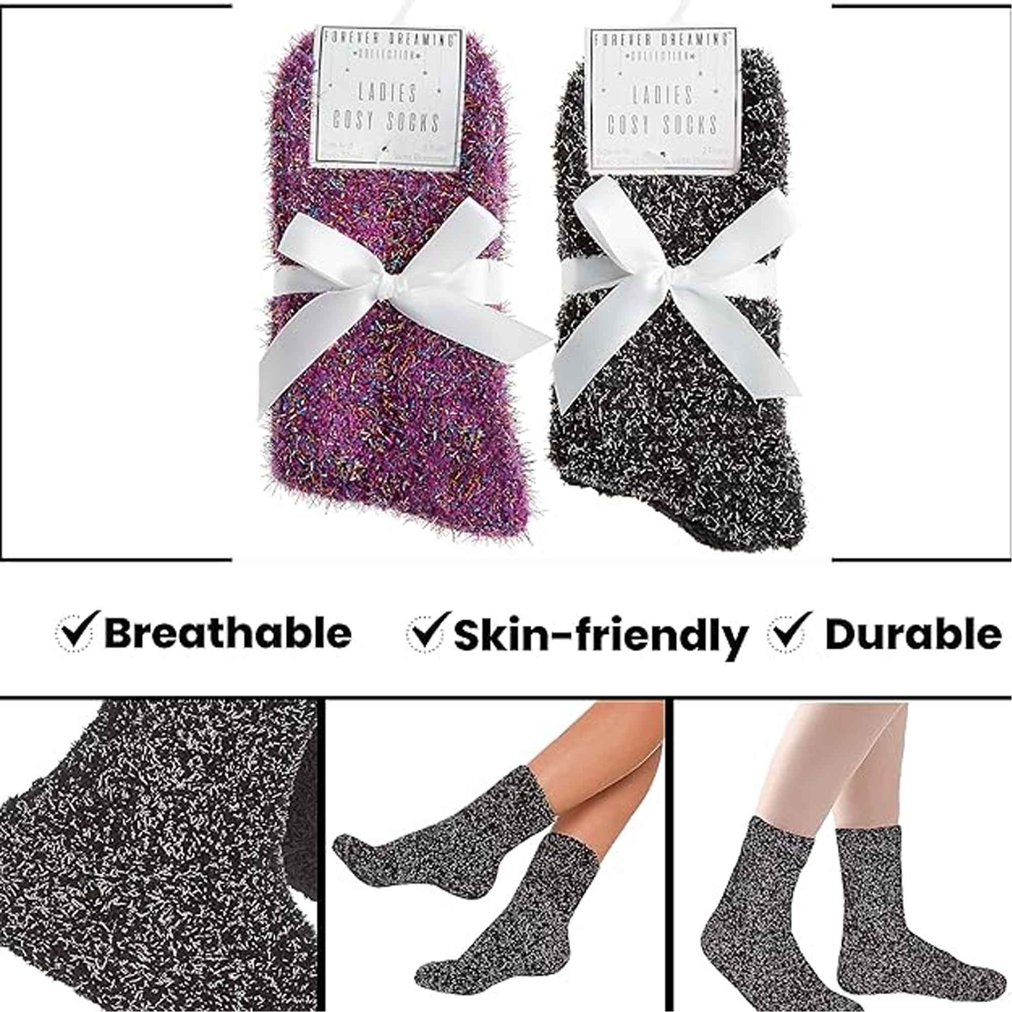 Women's Slipper Socks Fluffy Warm Fuzzy cosy 4 Pack Purple Black UK Size 4-8