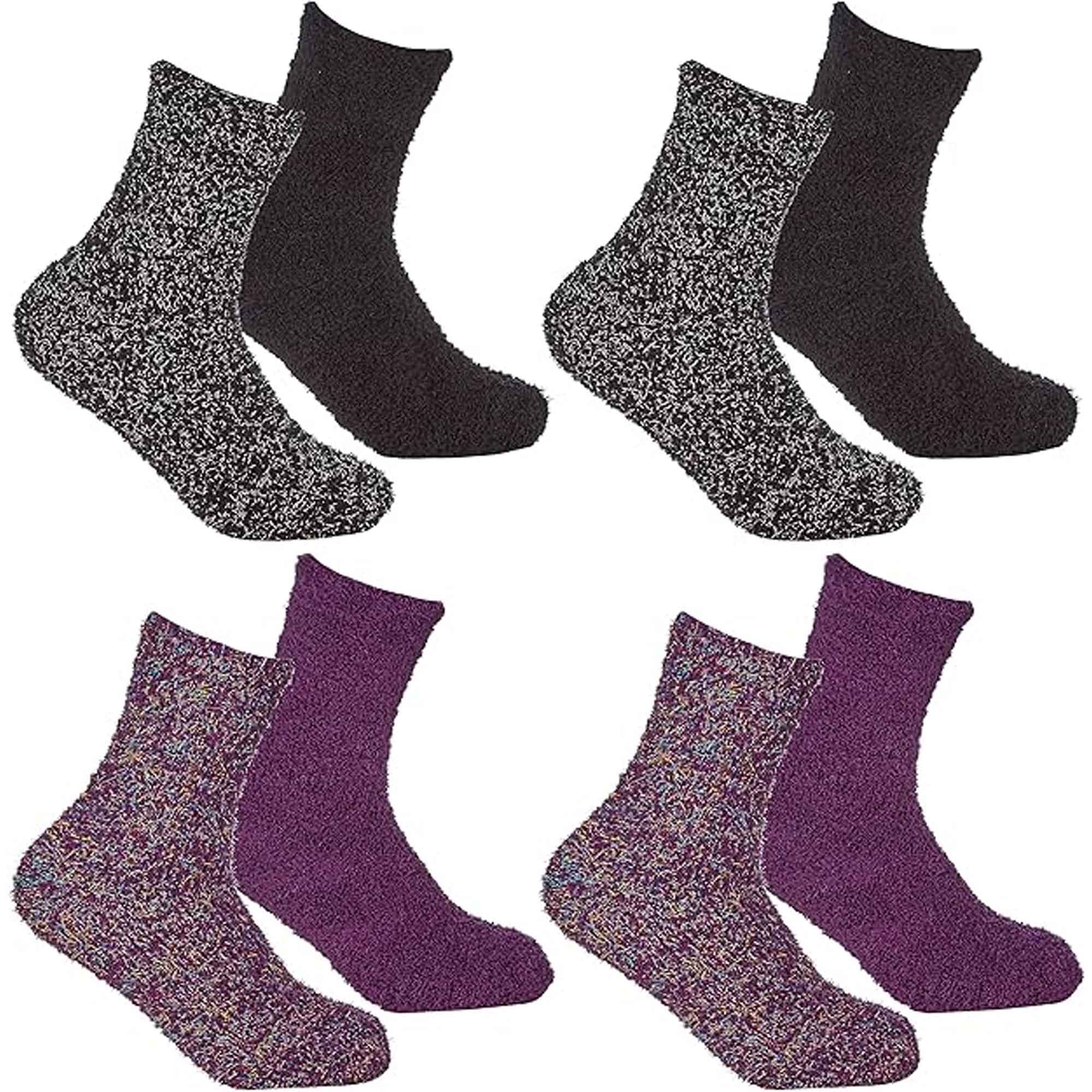 Women's Slipper Socks Fluffy Warm Fuzzy cosy 4 Pack Purple Black UK Size 4-8