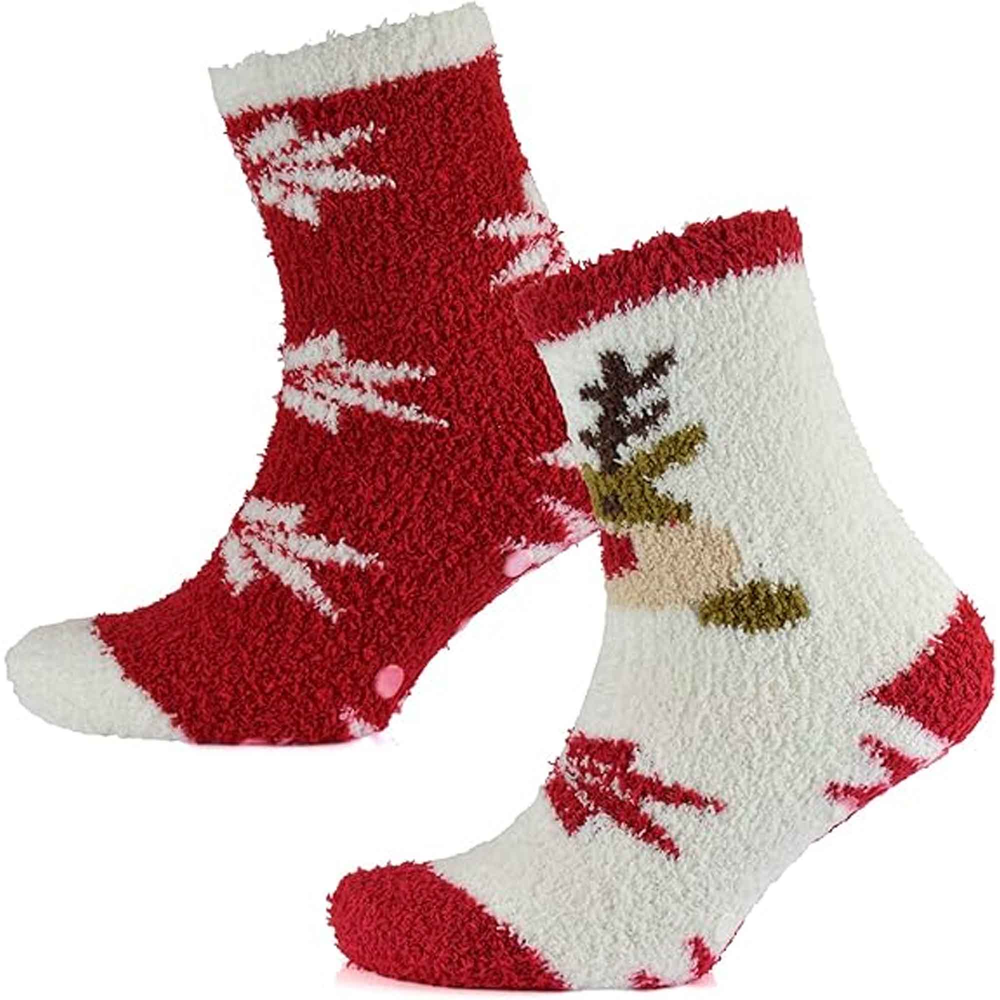 Women's Christmas Slipper Socks Non Skid Gripper Soles 4 Pack Rudolph Super Soft Non-Slip Indoor Sock