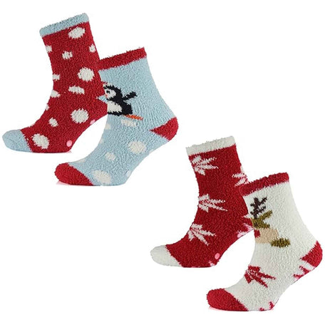 Women's Christmas Slipper Socks Non Skid Gripper Soles 4 Pack Rudolph Super Soft Non-Slip Indoor Sock