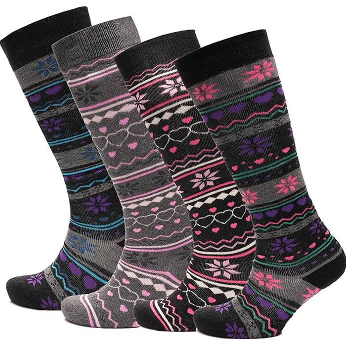 Women's Ski Boot Socks Knee Length 4 Pairs Cotton Rich Full Cushioning Thermal, FAIR ISLE