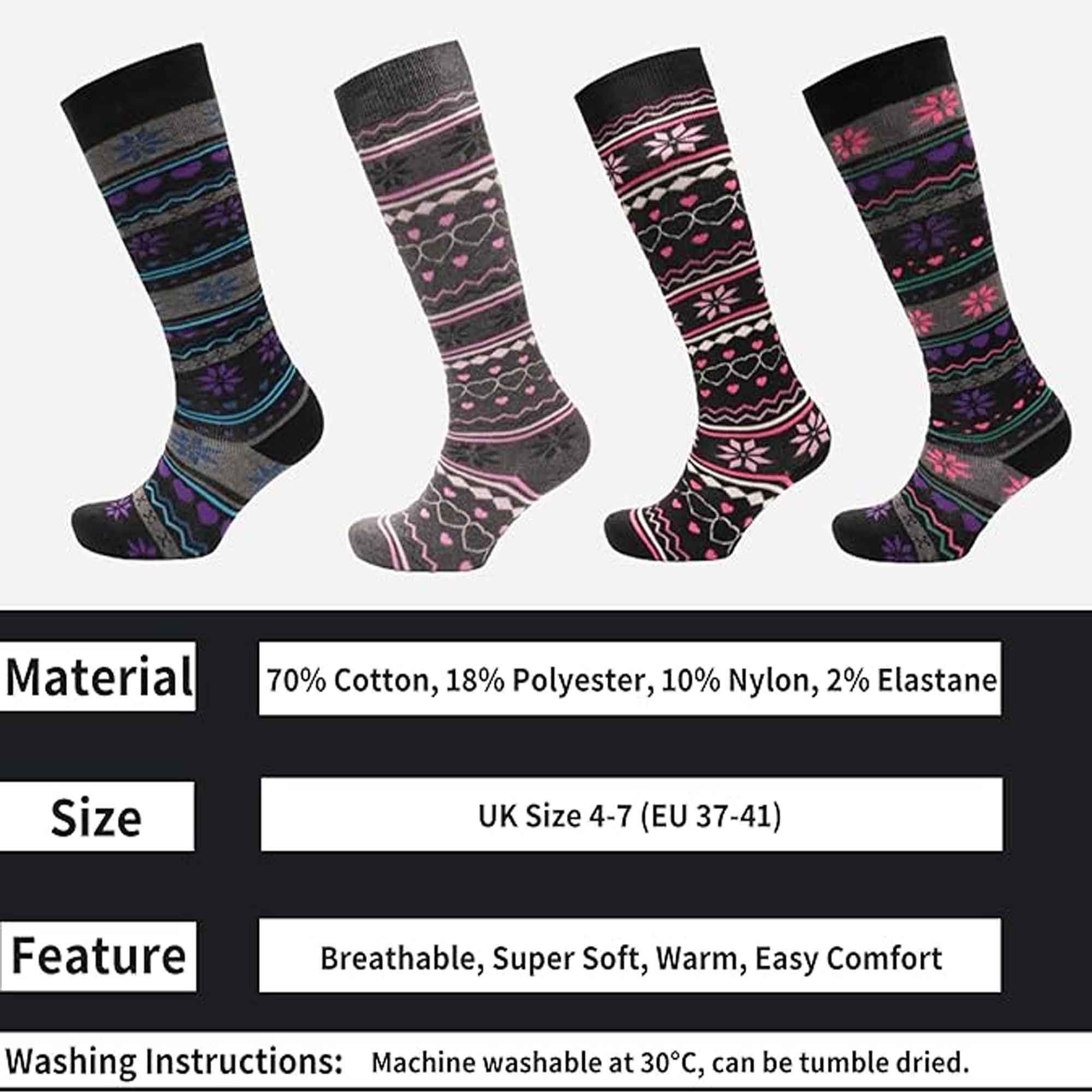 Women's Ski Boot Socks Knee Length 4 Pairs Cotton Rich Full Cushioning Thermal