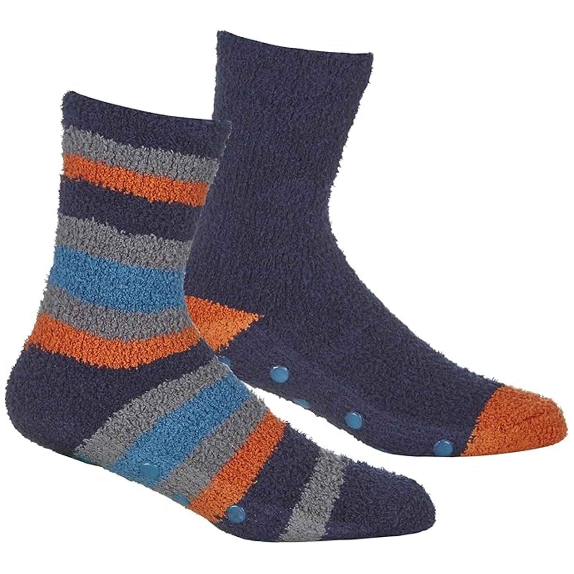 Men's Striped Fluffy Slipper Socks 4 Pack Warm Fleece Non-Skid Gripper Soles