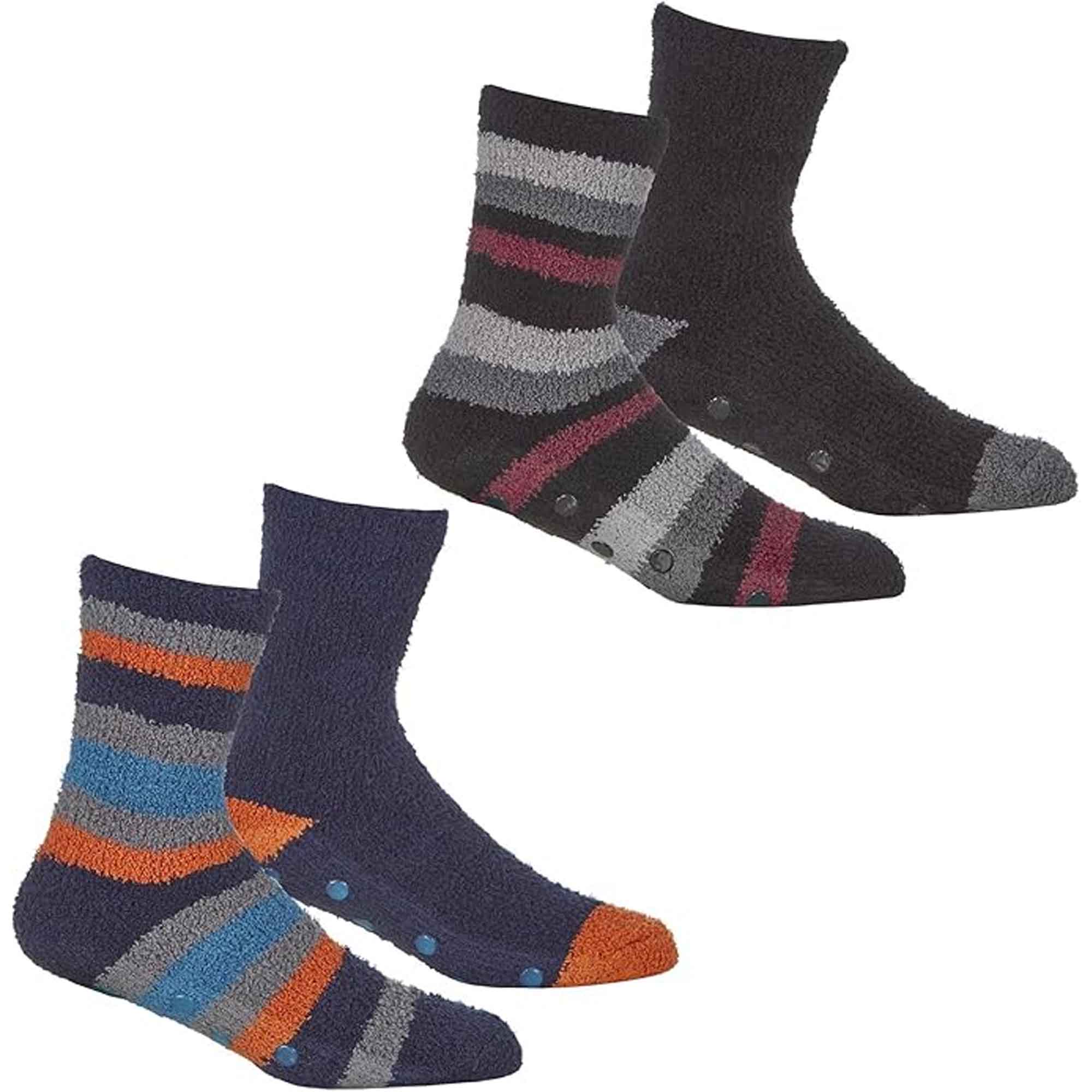 Men's Striped Fluffy Slipper Socks 4 Pack Warm Fleece Non-Skid Gripper Soles