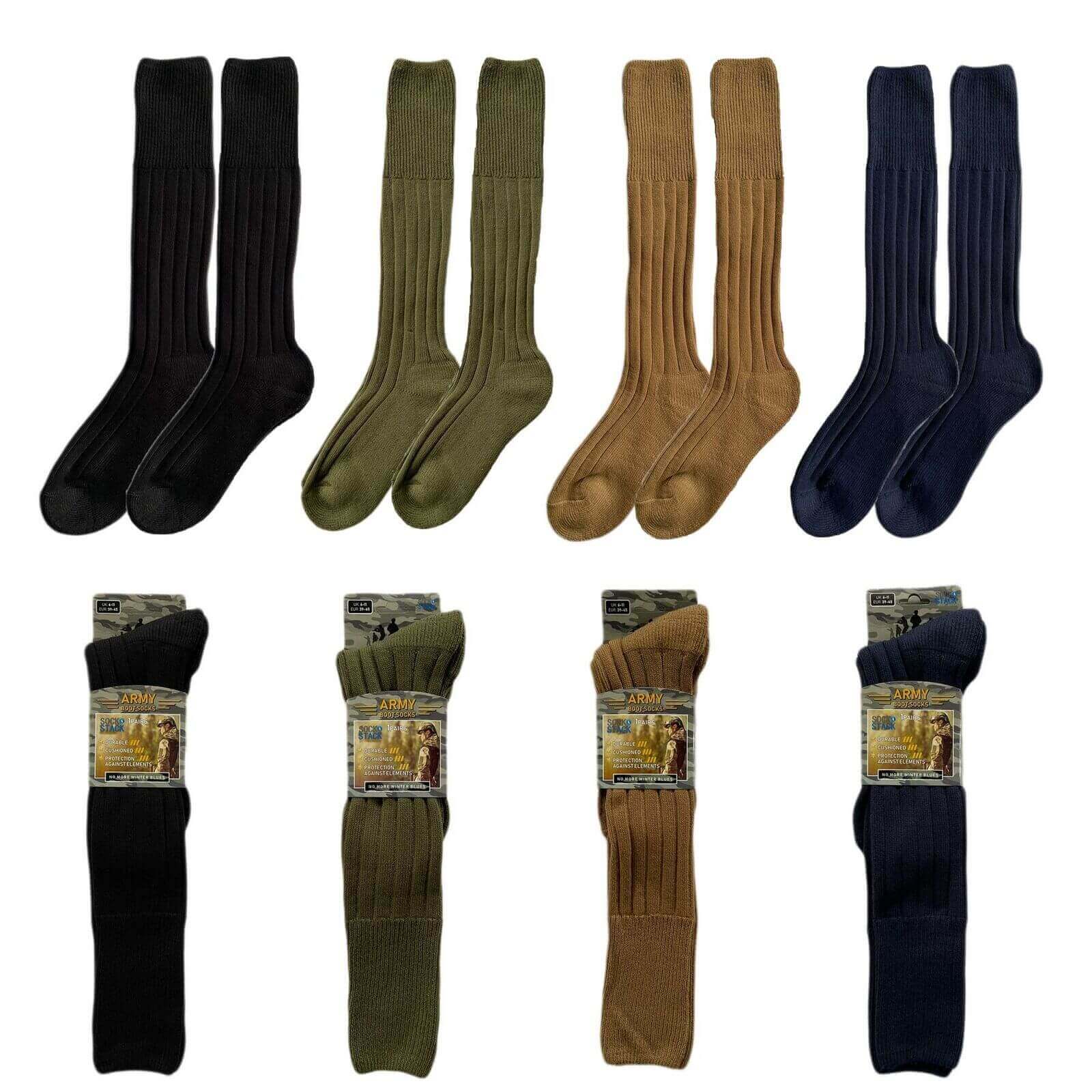 4 Pack Men's Knee High Army Socks Cushioned Terry Reinforced Toe Arch Support