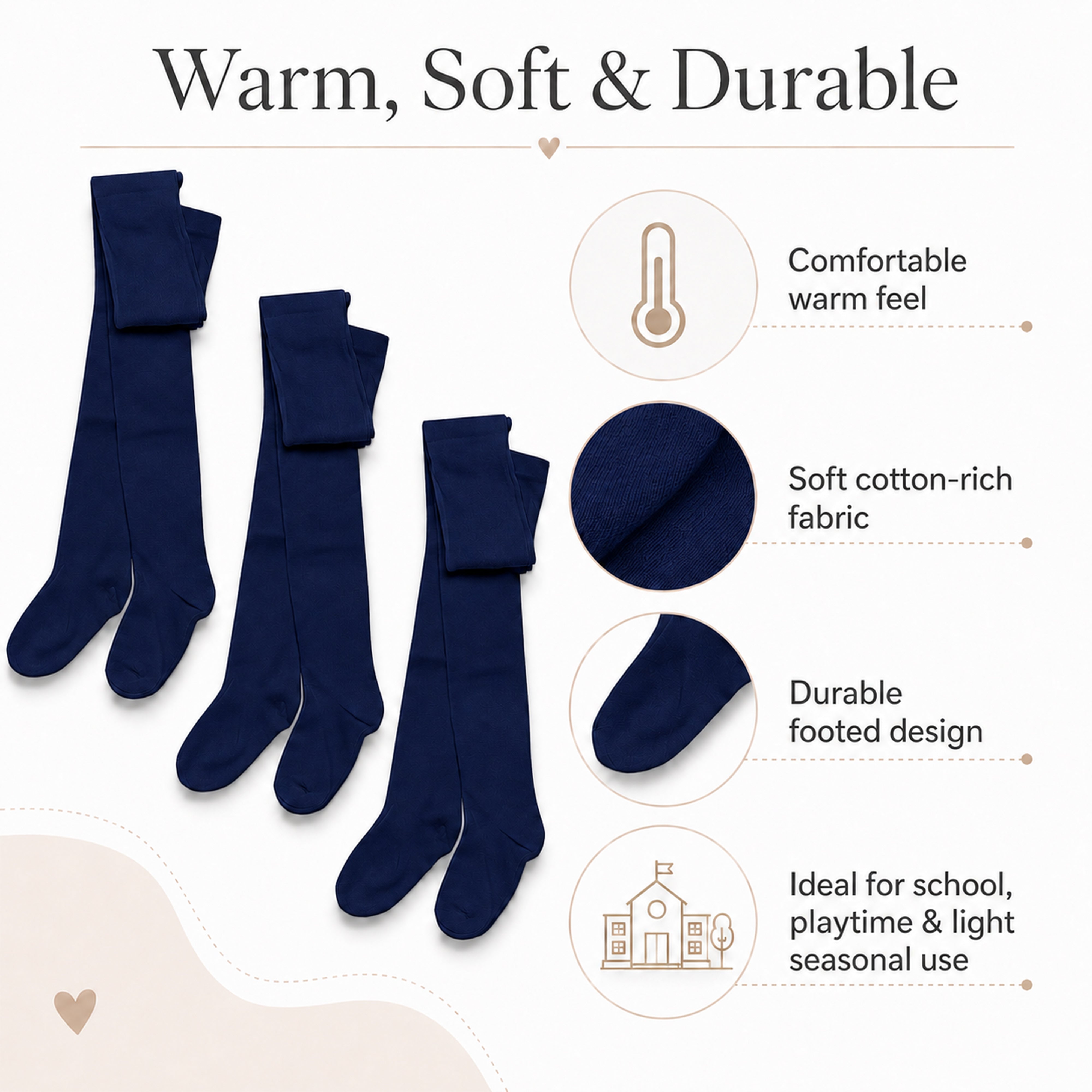 Girls' Cotton Lycra School Tights 3 Pack – Ages 3–12