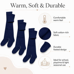 Girls' Cotton Lycra School Tights 3 Pack – Ages 3–12