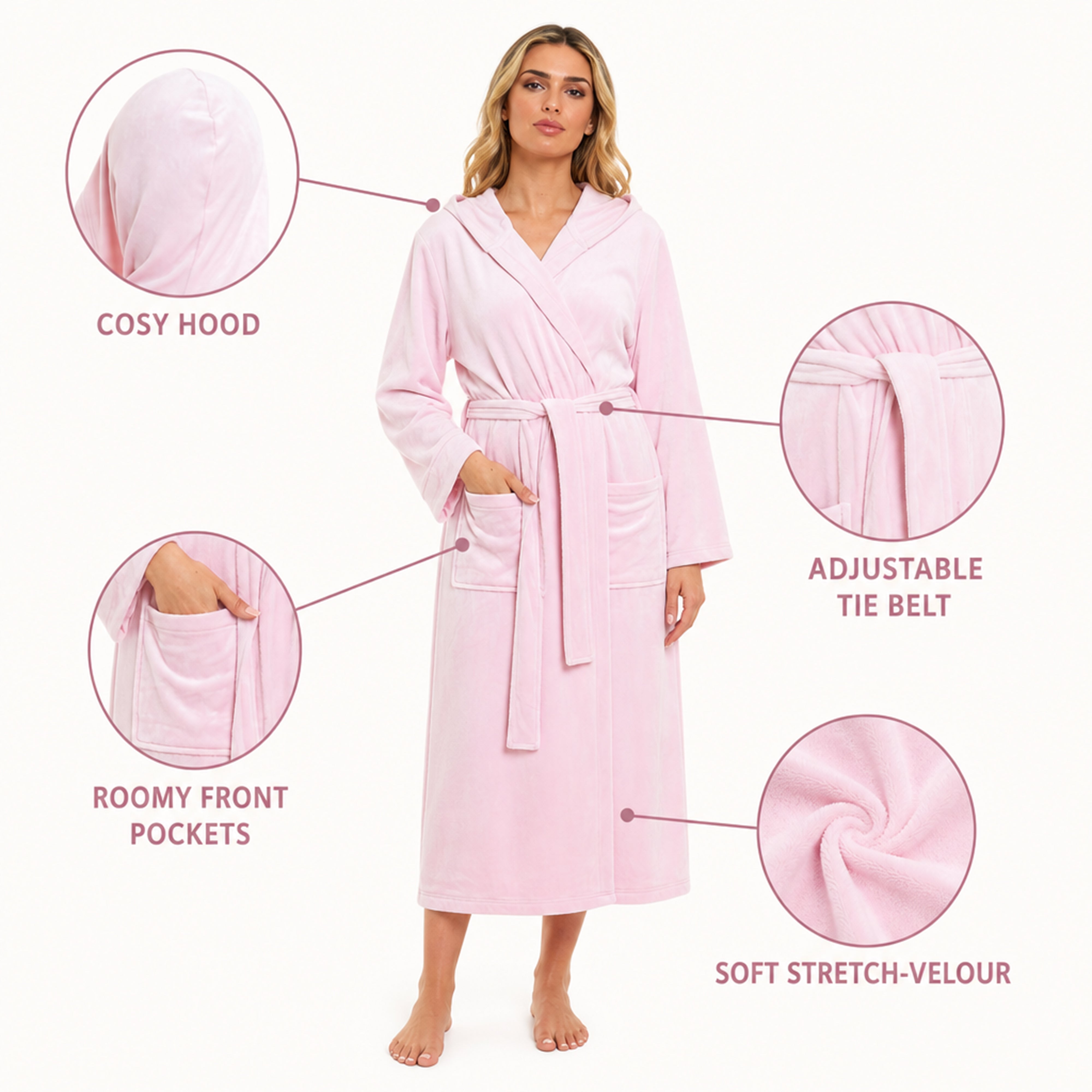 Women's Hooded Velour Bathrobe Ultra Soft Luxurious Pink And Grey