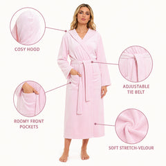 Women's Hooded Velour Bathrobe Ultra Soft Luxurious Pink And Grey