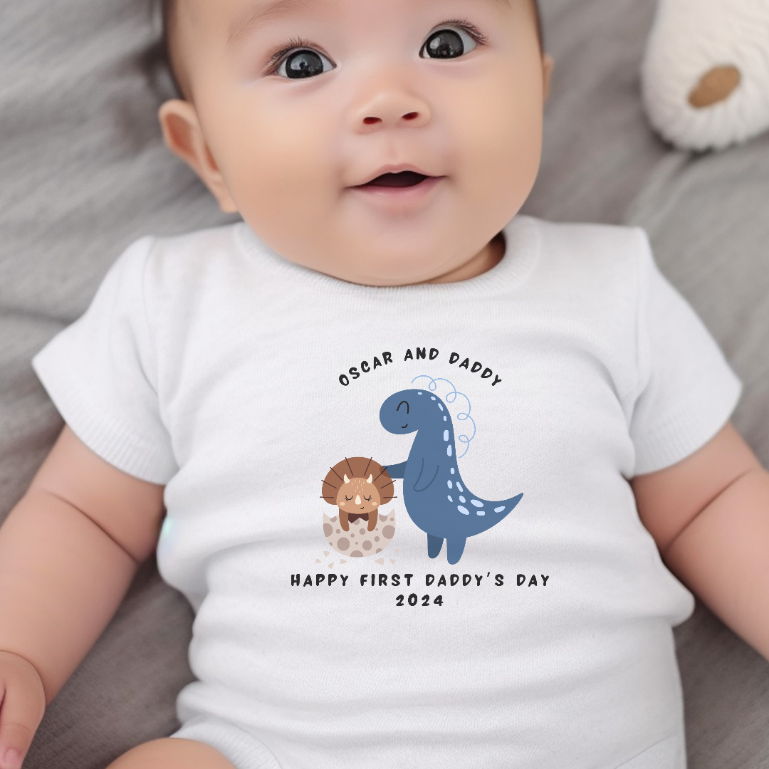 Personalised 1st Father's Day Dinosaur Baby Grow, Vest or Bib