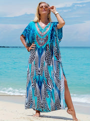 Bohemian Floral V-Neck Kaftan Dress – Loose Fit & Batwing Sleeves