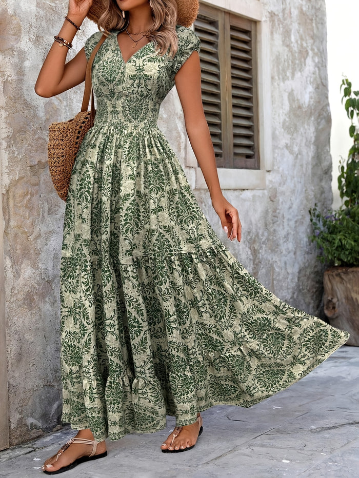 Elegant Printed Patchwork Maxi Dress, V-Neck & Batwing Sleeves, image 2