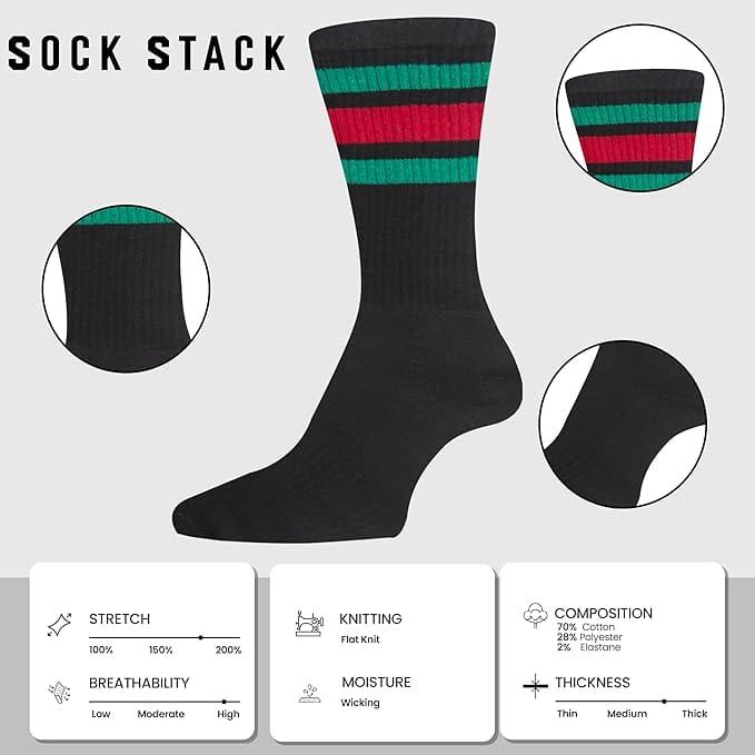 Men's Stripes Sport Crew Socks Cotton Durable Blend 5 Pack For Training Running