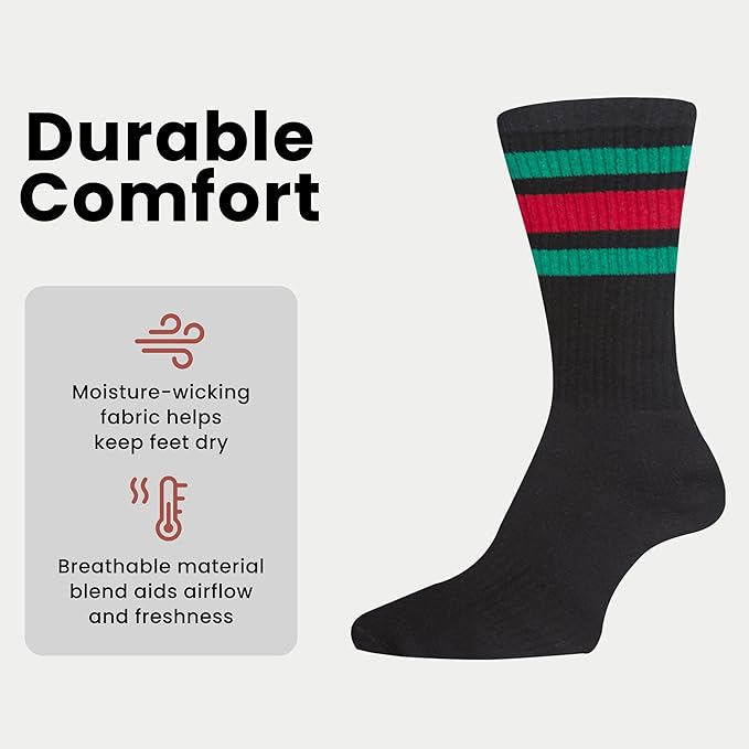 Men's Stripes Sport Crew Socks Cotton Durable Blend 5 Pack For Training Running