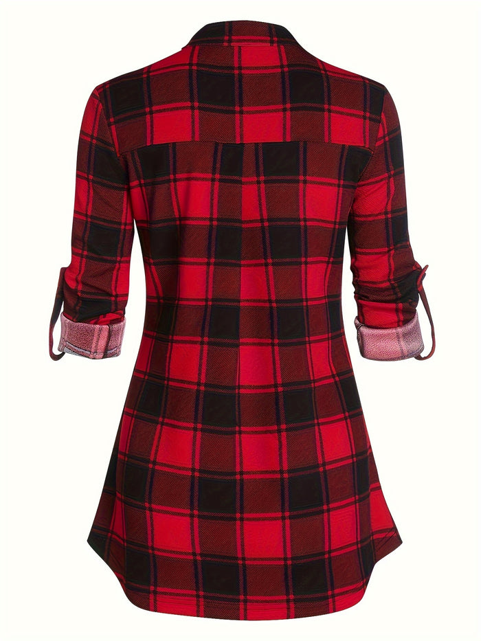 Casual Plaid Drawstring Dress, Long Sleeve & Fit-and-Flare, image 2