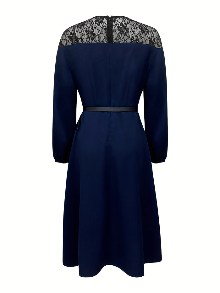 Elegant Lace-Trimmed Long Sleeve Dress with Belt, image 2