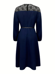 Elegant Lace-Trimmed Long Sleeve Dress with Belt