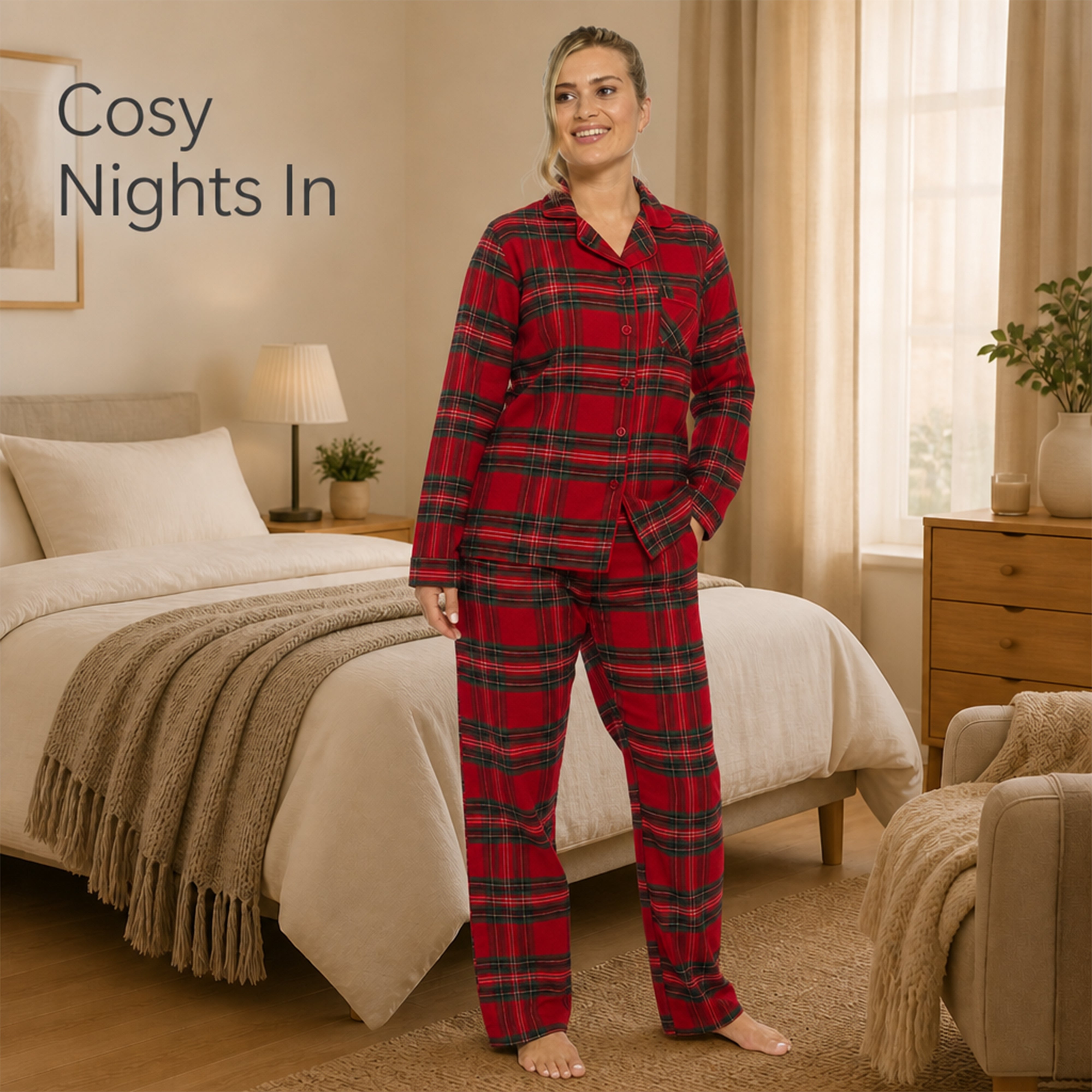 Women's Flannelette Check Pyjama Set Soft Brushed Cotton Easy Care