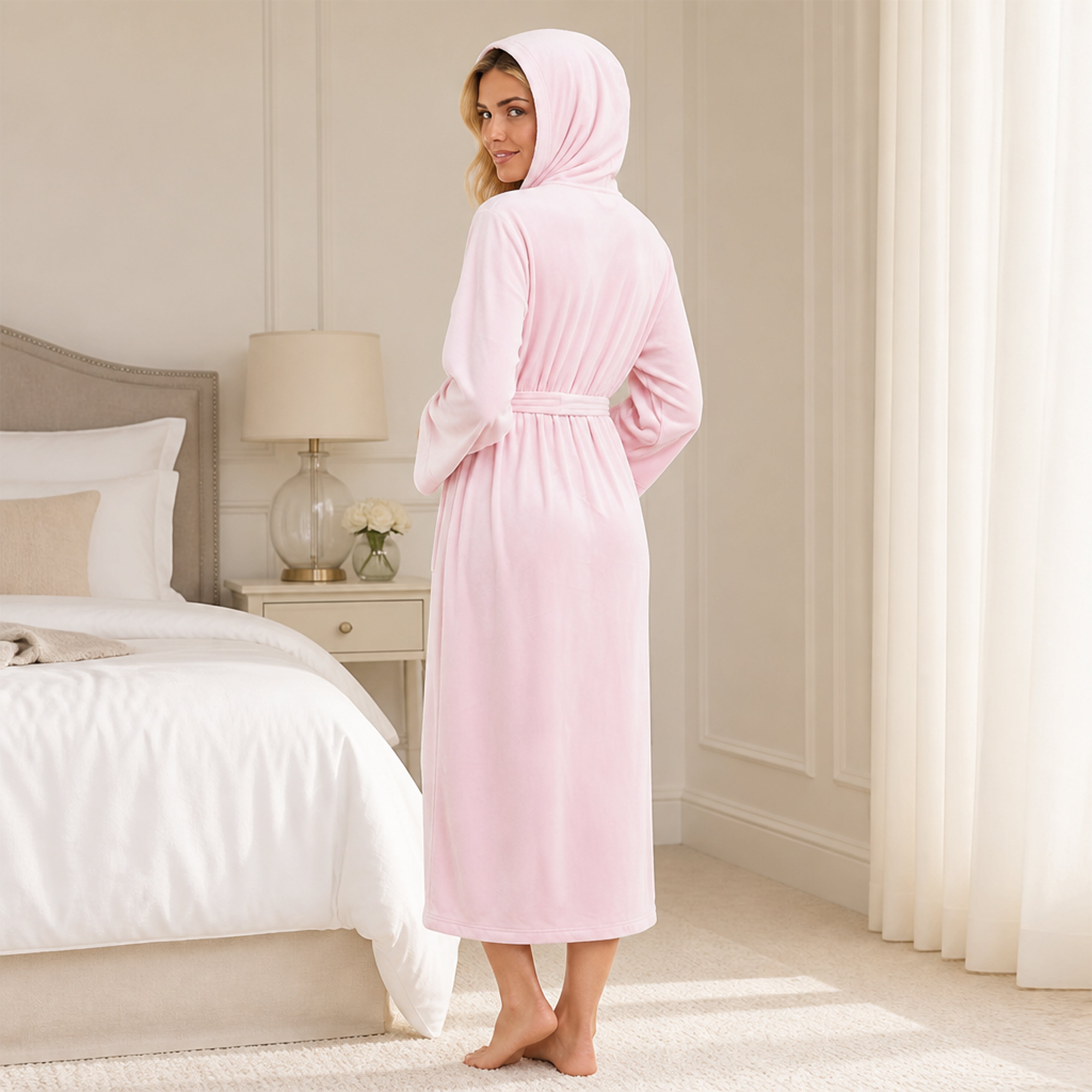 Women's Hooded Velour Bathrobe Ultra Soft Luxurious Pink And Grey