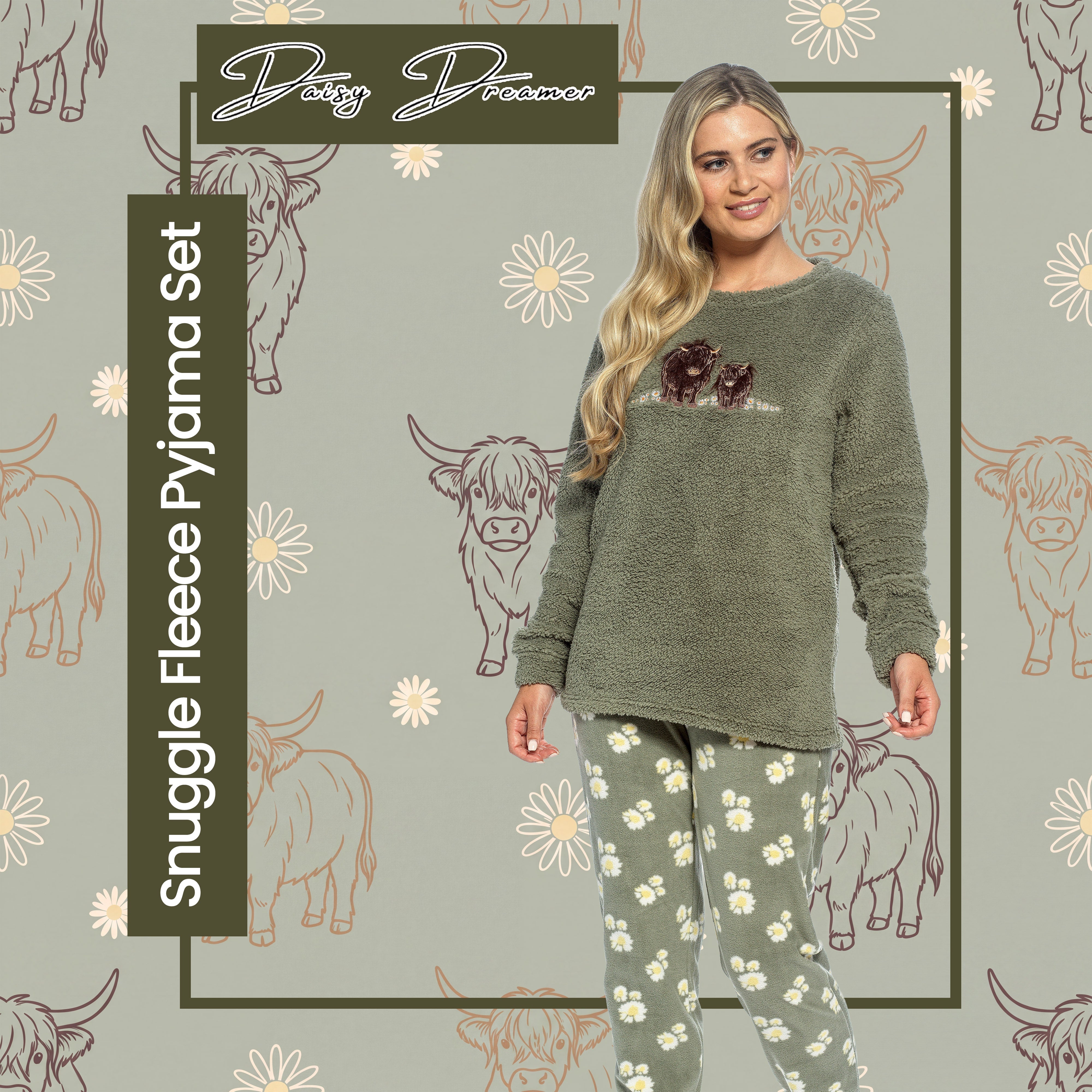 Women's Highland Cow Print Cotton Jersey Pyjama Set Long Sleeve Lounge Wear