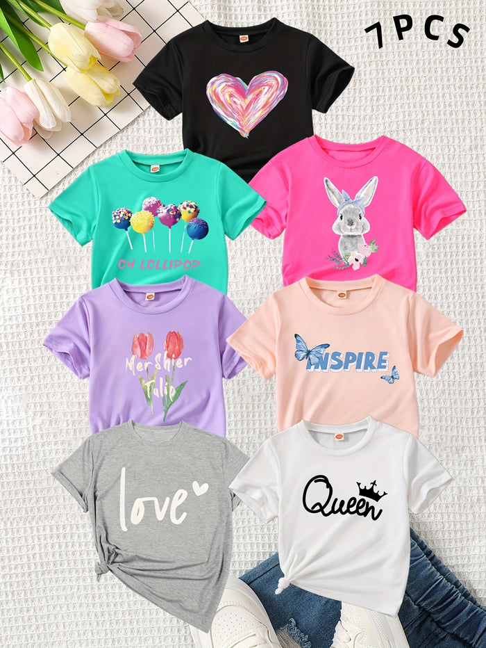 Girls' 7-Pack Heart Print Summer T-Shirts, Soft & Stylish