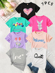 Girls' 7-Pack Heart Print Summer T-Shirts – Soft & Stylish