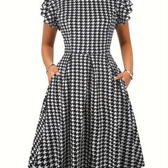 Chic Houndstooth Ruffle Sleeve Dress – Classic & Flattering