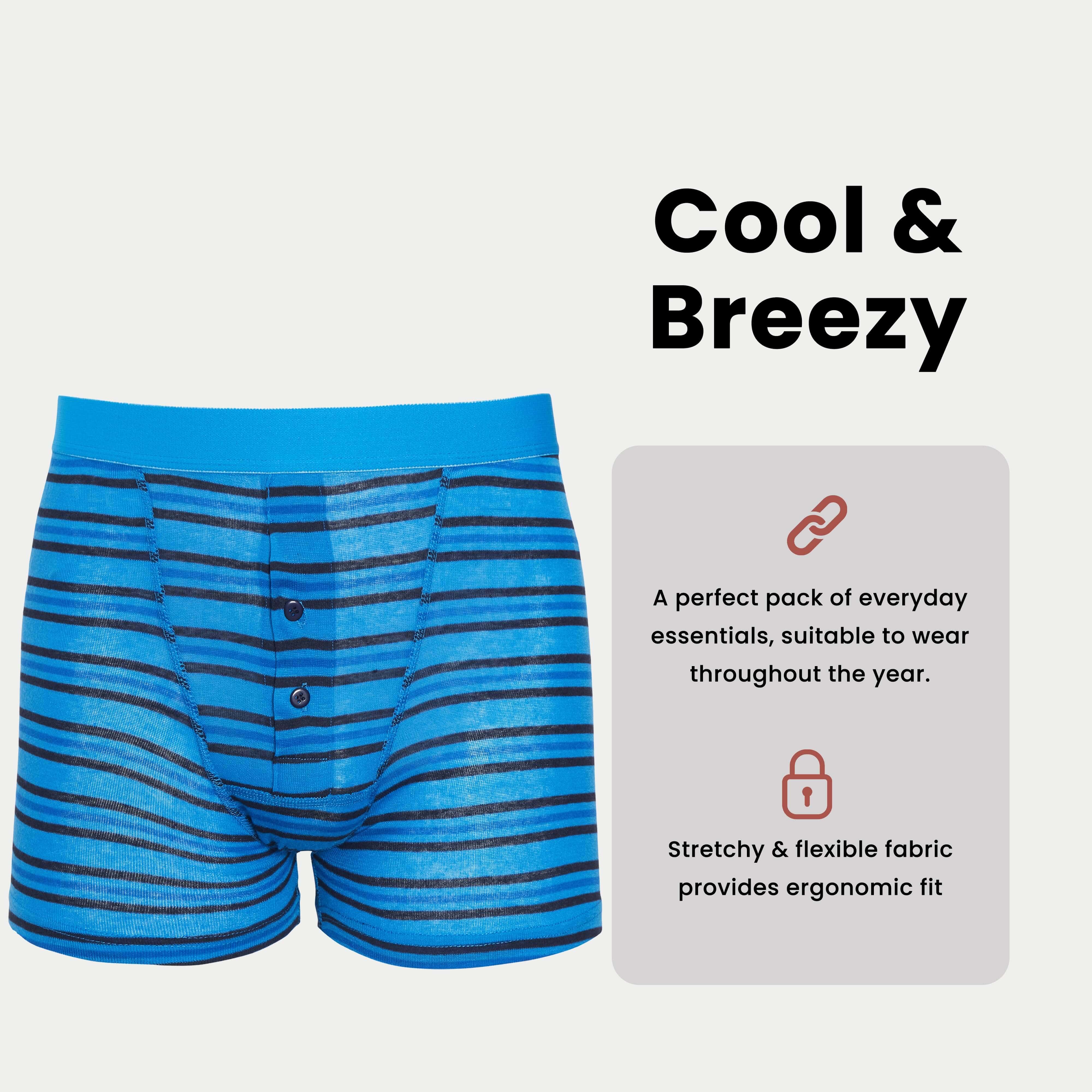6 Pack Men's Blue Navy Stripe Cotton Stretch Boxer Shorts Breathable