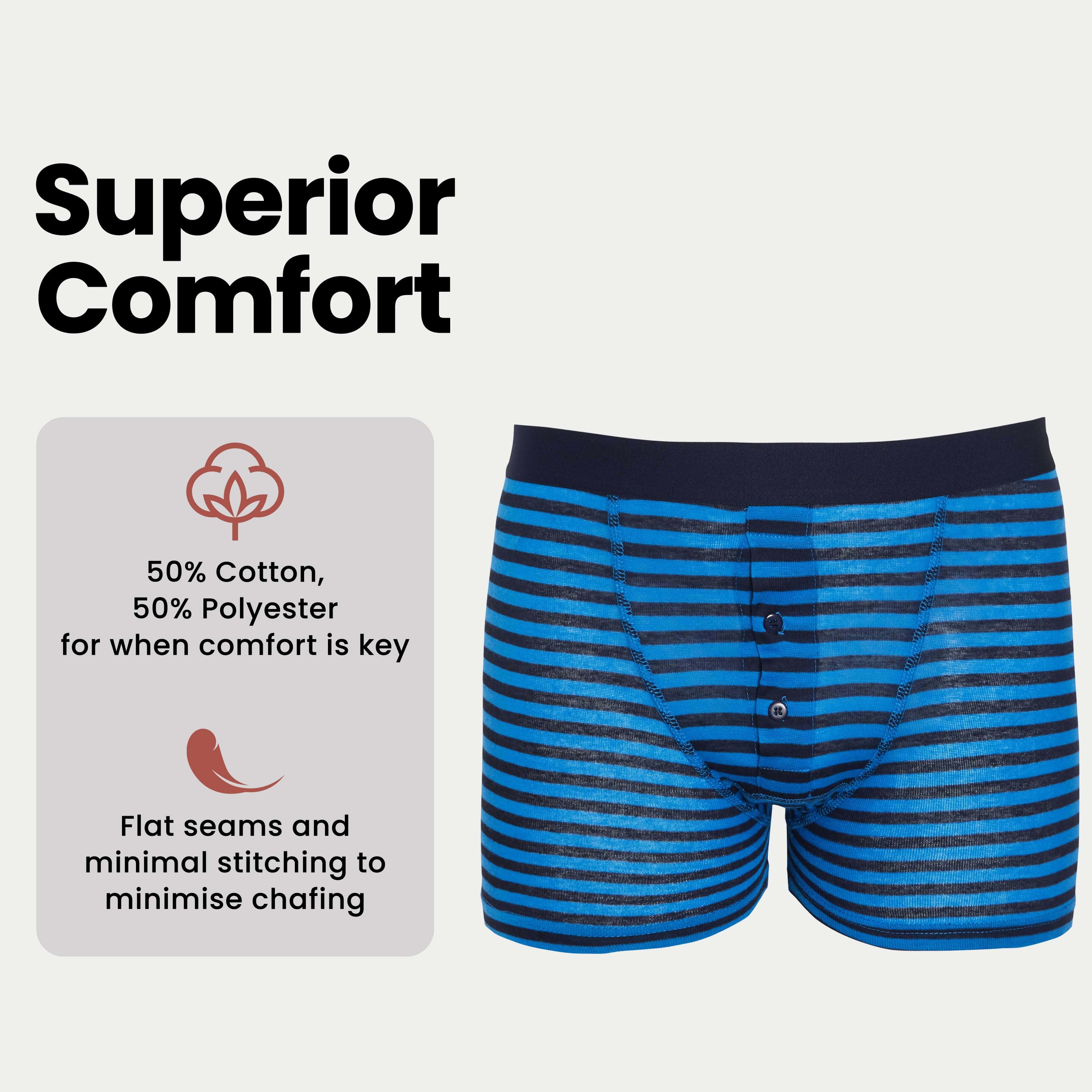 6 Pack Men's Blue Navy Stripe Cotton Stretch Boxer Shorts Breathable