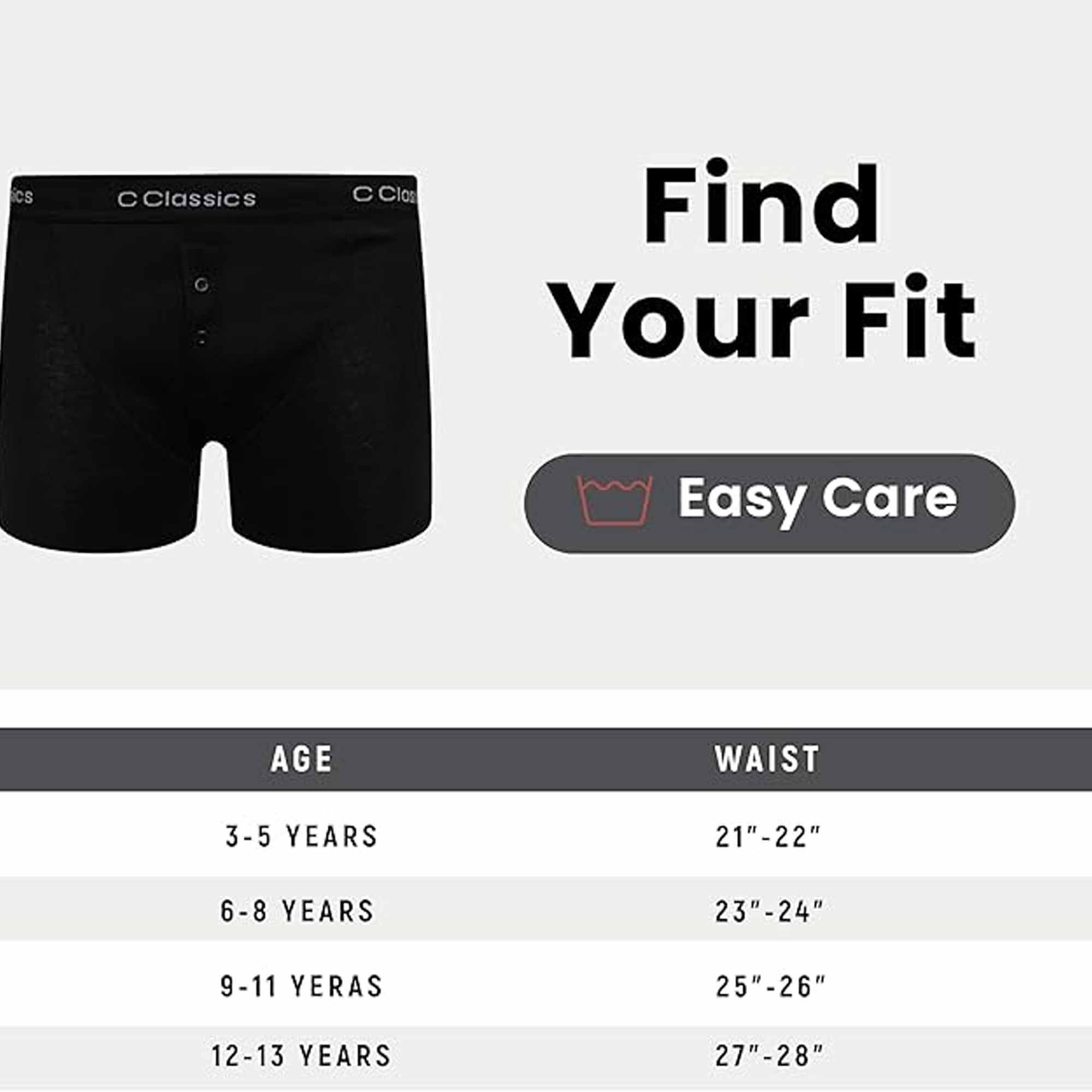 Boys' Boxer Shorts 6 Pack Black Cotton Rich Moisture Wicking With Button Fly