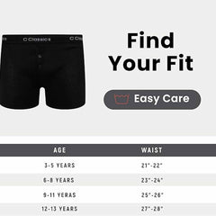 Boys' Boxer Shorts 6 Pack Black Cotton Rich Moisture Wicking With Button Fly