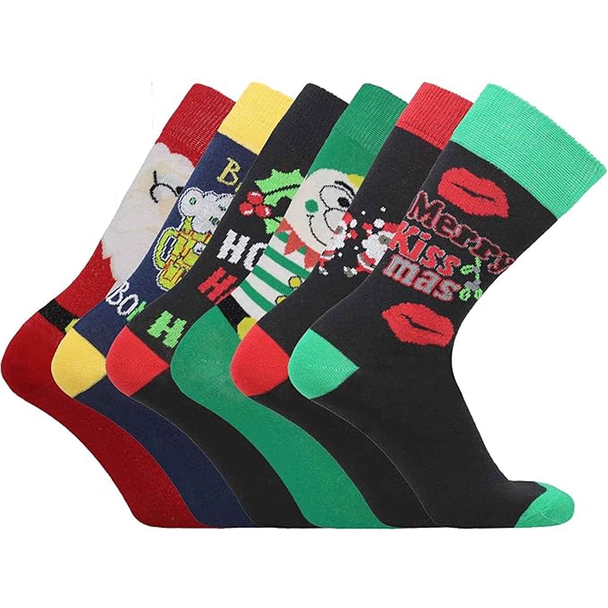 6 Pack Men's Christmas Socks Cotton Rich All Over Holiday Designs Festive