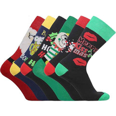 6 Pack Men's Christmas Socks Cotton Rich All Over Holiday Designs Festive