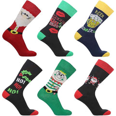 6 Pack Men's Christmas Socks Cotton Rich All Over Holiday Designs Festive