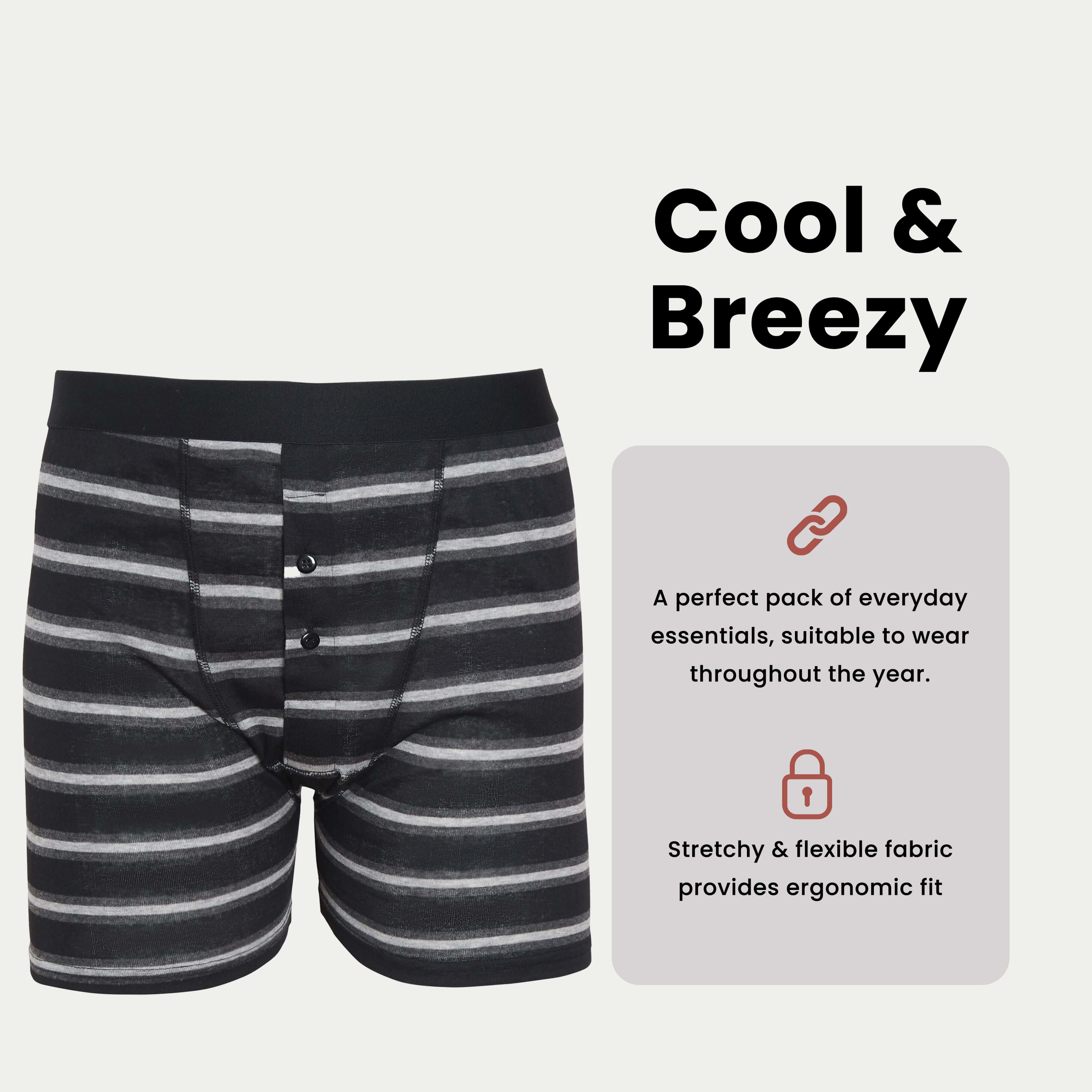 Boxer Shorts 6 Pack Striped Cotton Blend Stretch Men's Underwear Black Grey
