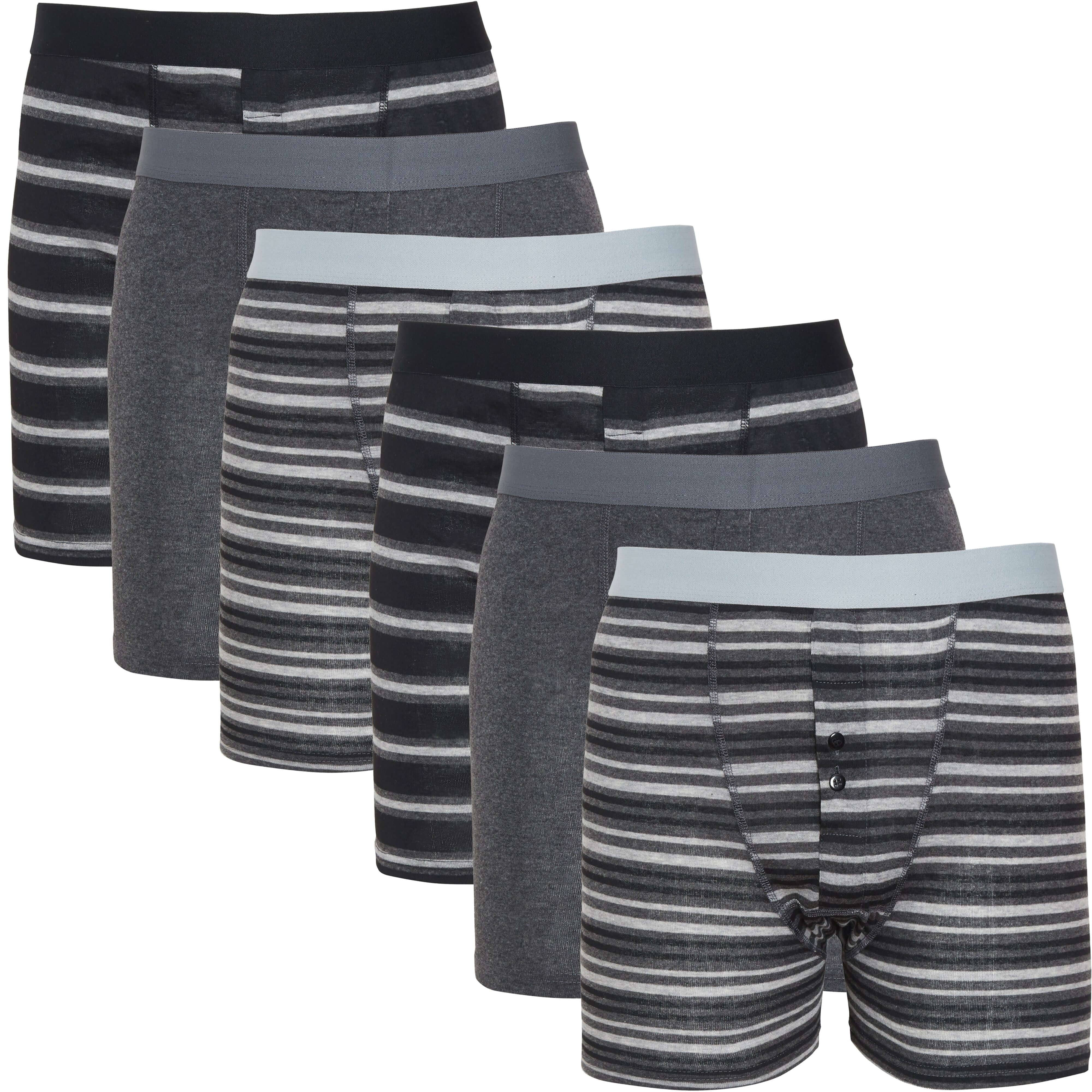 Boxer Shorts 6 Pack Striped Cotton Blend Stretch Men's Underwear Black Grey
