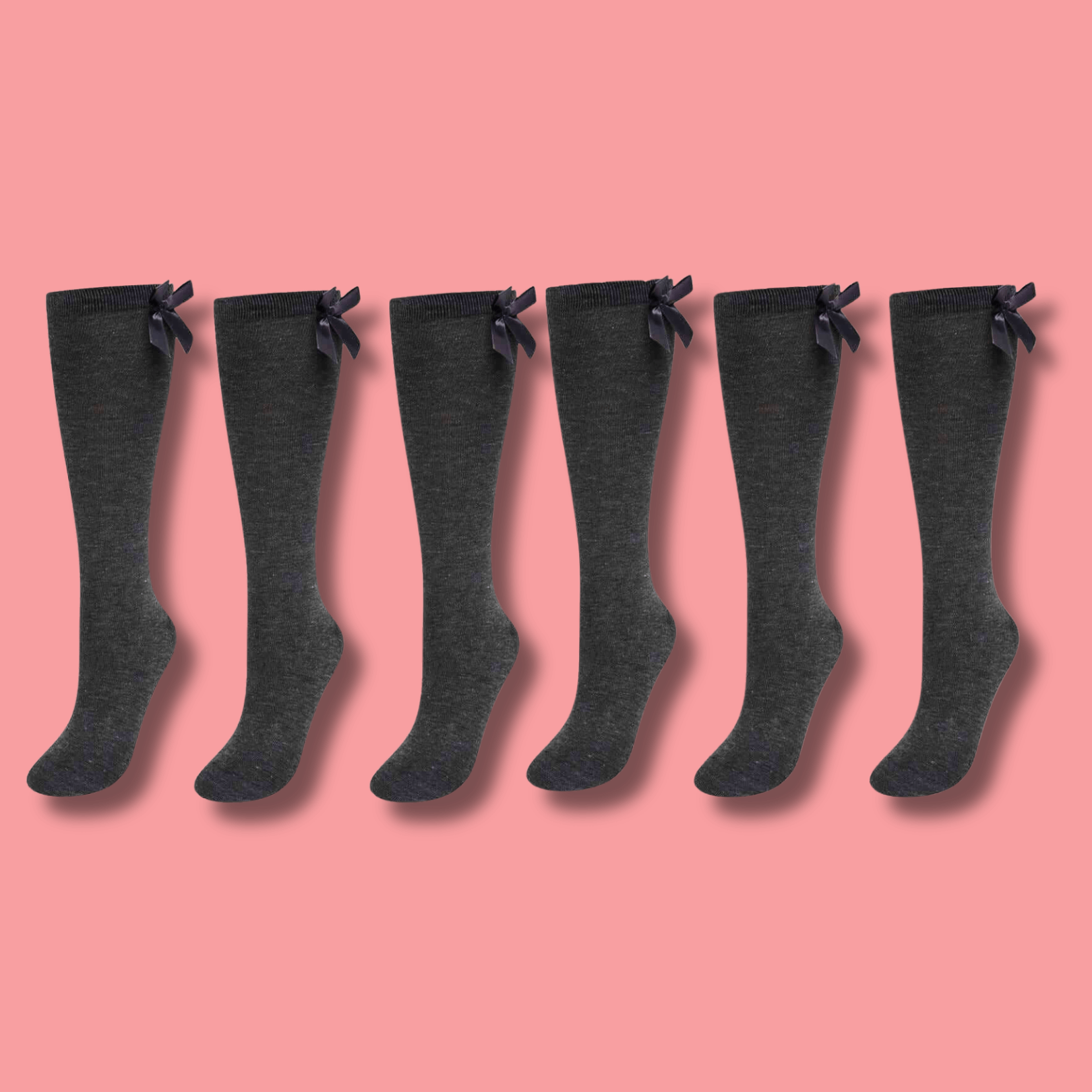 Girls' Knee High School Socks 6 Pack – Ribbon Bows, Ages 3–12