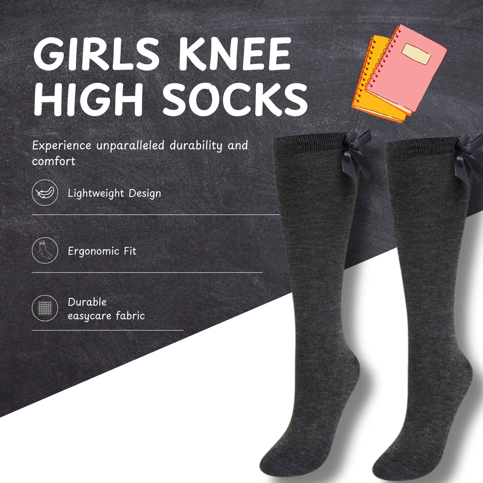 Girls' Knee High School Socks 6 Pack – Ribbon Bows, Ages 3–12